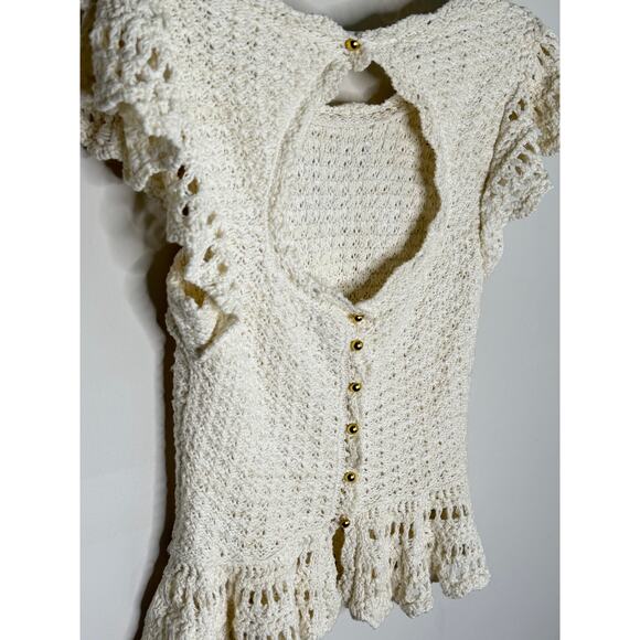 By Anthropologie Flutter-Sleeve Crochet Peplum Sweater Top Cream Women's Small - Picture 7 of 13